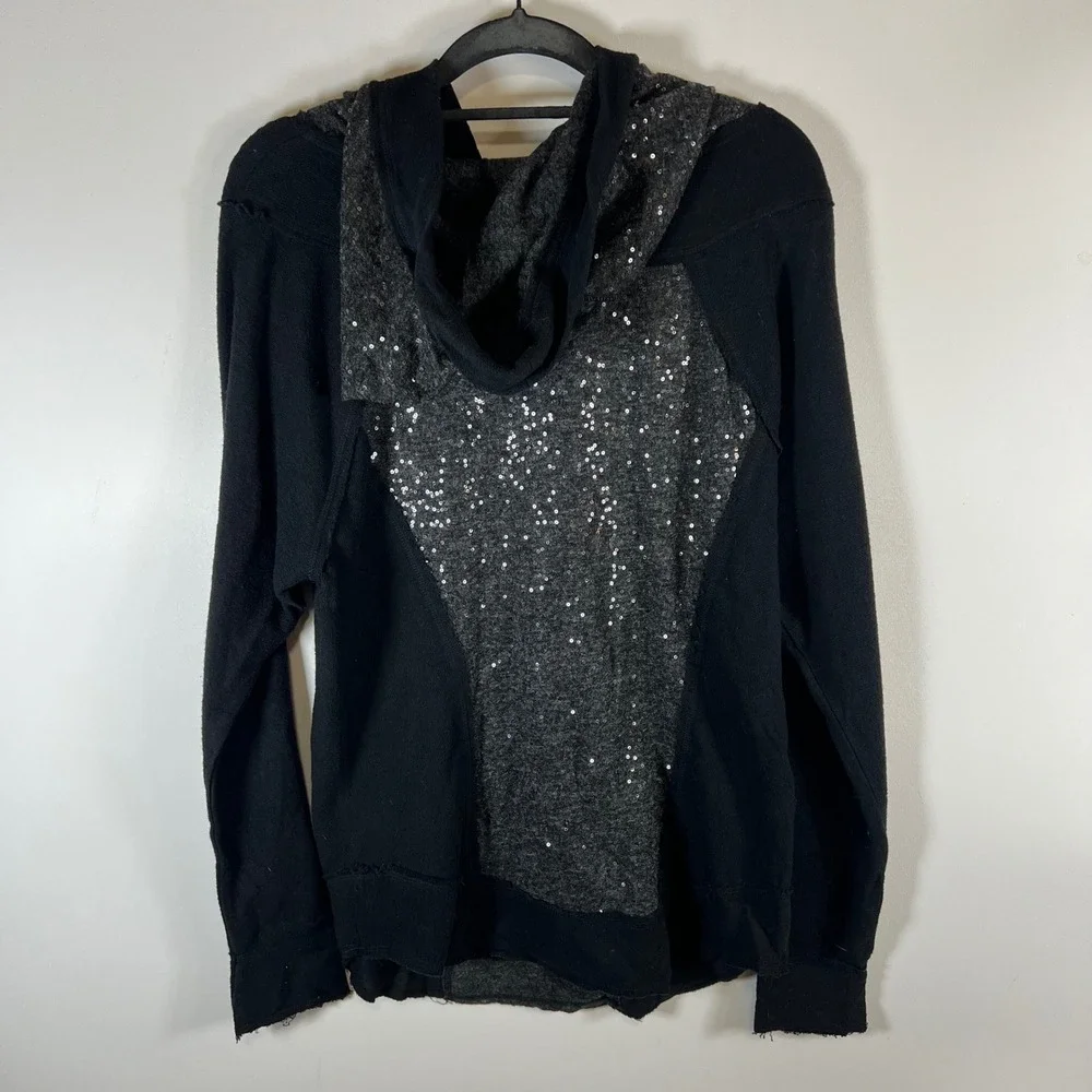 Free People Sequin Mixed Media Hoodie Black Charcoal Grey‎ Pullover Small boho